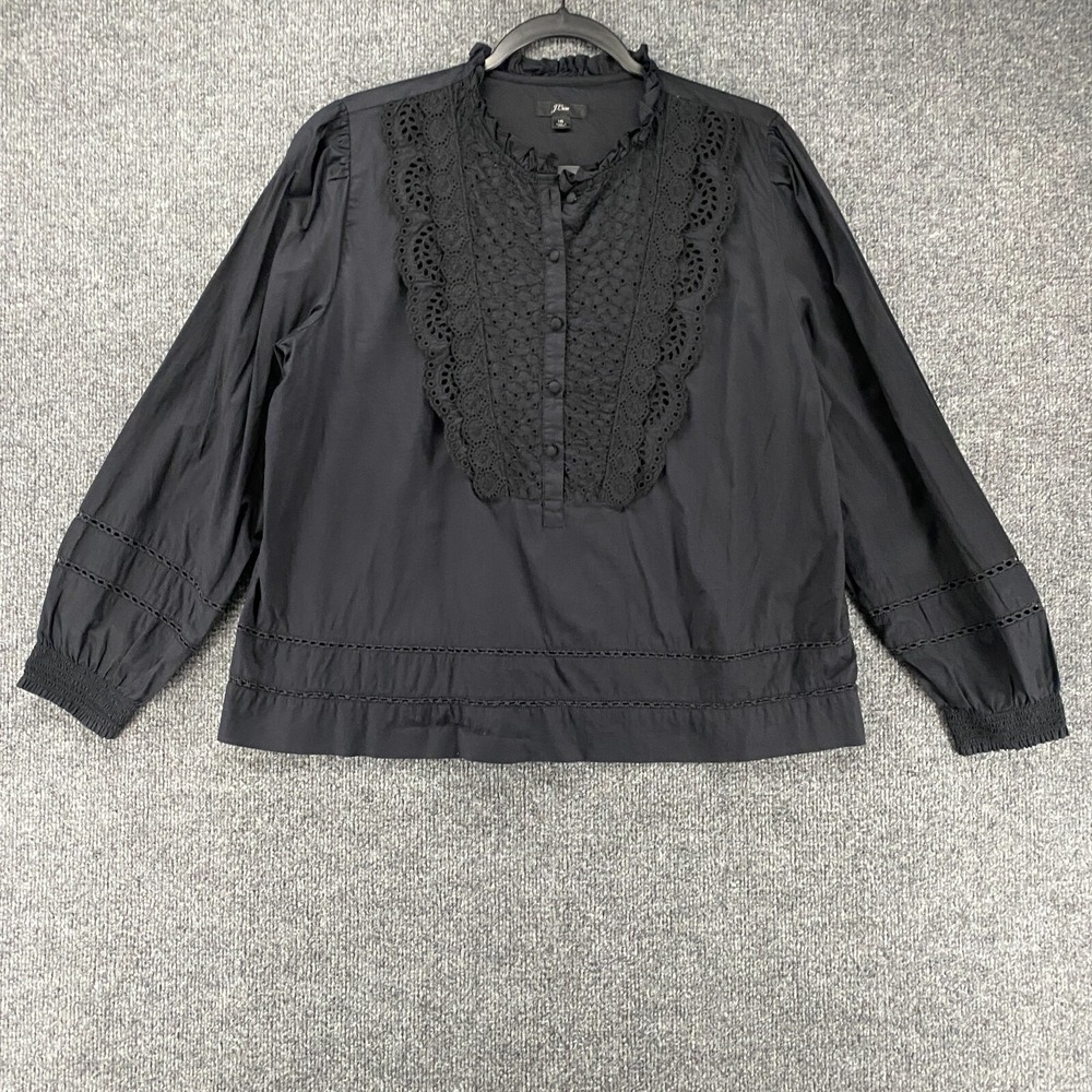 J Crew Blouse Womens 16‎ Black Ruffle Eyelet Cottagecore Peasant Whimsigoth Boxy